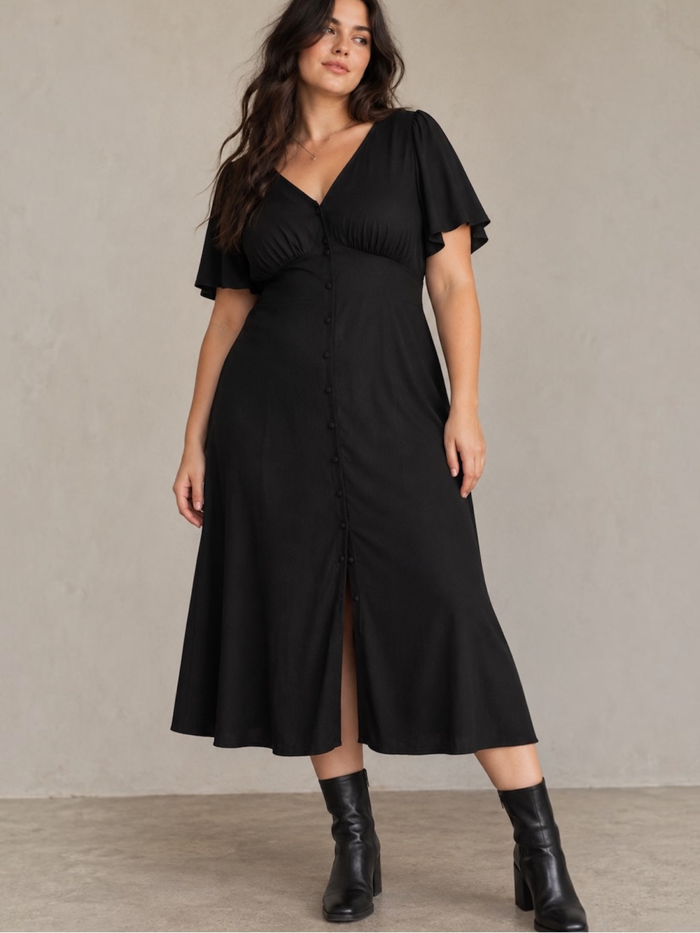 Old Navy Black Midi Dress 4X Empire Waist Button Front Flutter Sleeve Soft Goth
